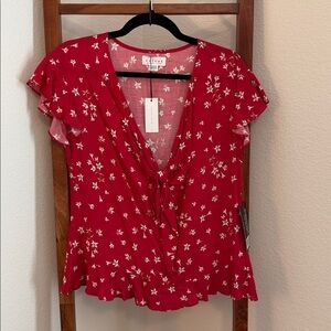 Velvet by Graham and Spencer Feminine Red Floral Tie Front Blouse NWT Size Med.